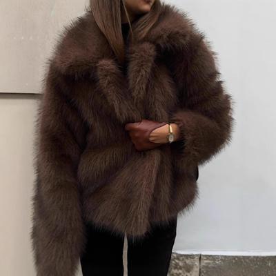 Women's Oversized Faux Fur Coat Dark Brown Lapel Short Jacket Warm Casual Winter Outerwear