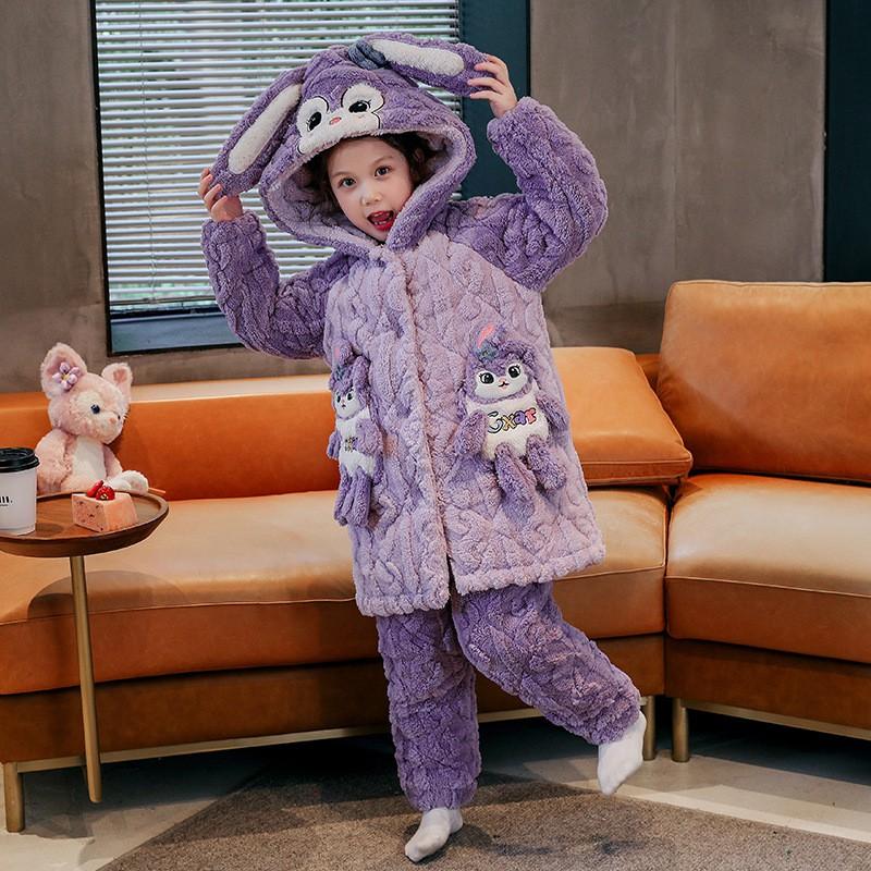 Girls Winter Warm Coral Fleece Pajama Set 3-Layer Quilted Sleepwear Cartoon Animal Print Kid Home Outfit