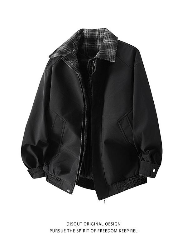 Men's American Plaid Patchwork Two-Piece Jacket, British-Style Spring/Autumn Flight Collar Coat