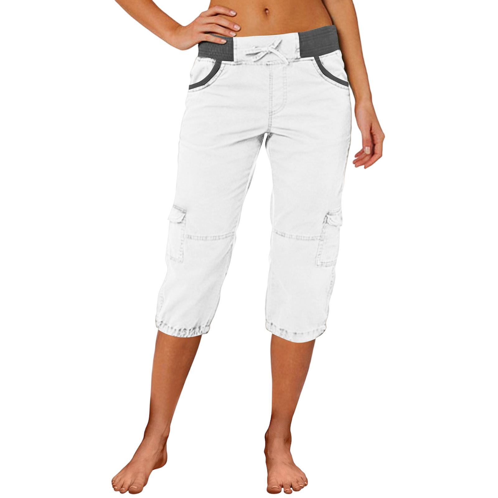 

Ladies Color Blocked Drawstring Multi Pocket Loose Workwear Casual Pants S білий