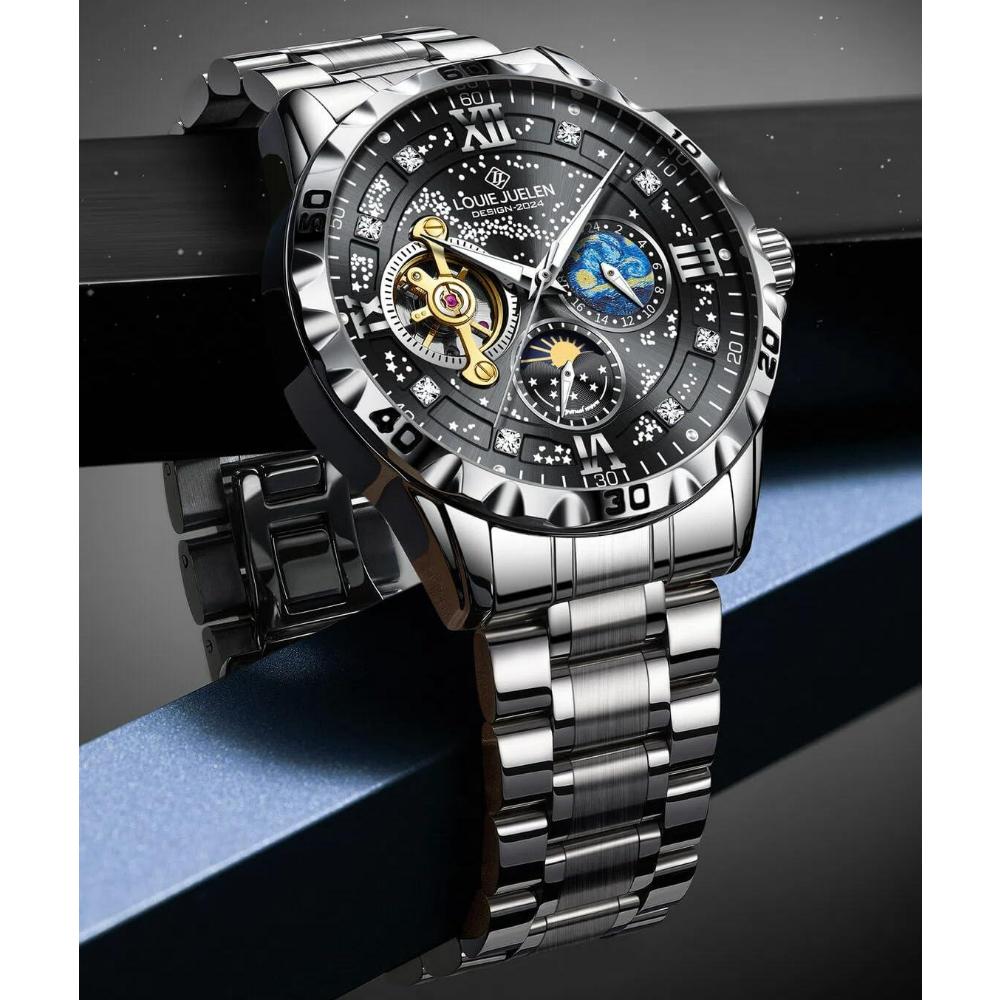 Luxury Automatic Mechanical Men Watch Fashion Moon Phase Business Watches Hollow Tourbillon Stainless Steel Men Wristwatch