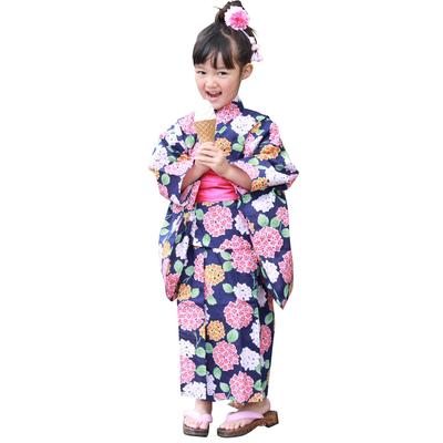 Yukata Kids Red and Yellow Hydrangeas On Navy Cotton Yukata Heko 110cm [Brilliant Piece] "Japanese Nadeshiko" Set, Background, 2-Piece Set, Yukata,
