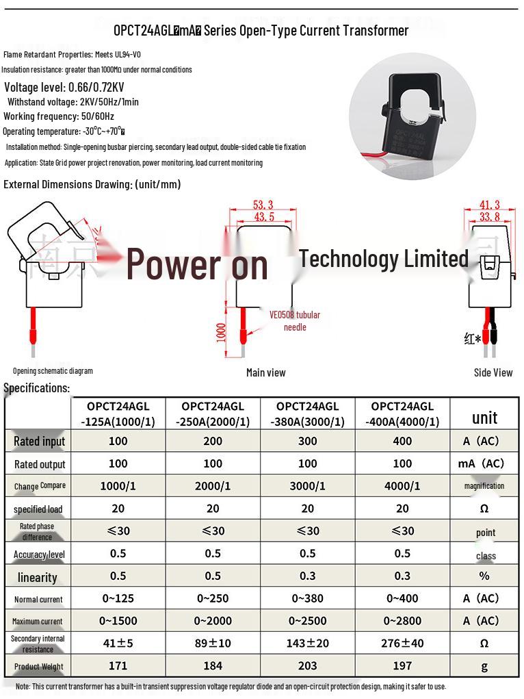Small Open-Close Current Transformer: Open-Type, Compatible with 5A/2.5mA/5mA, 100A/20mA, 200A/333mV.
