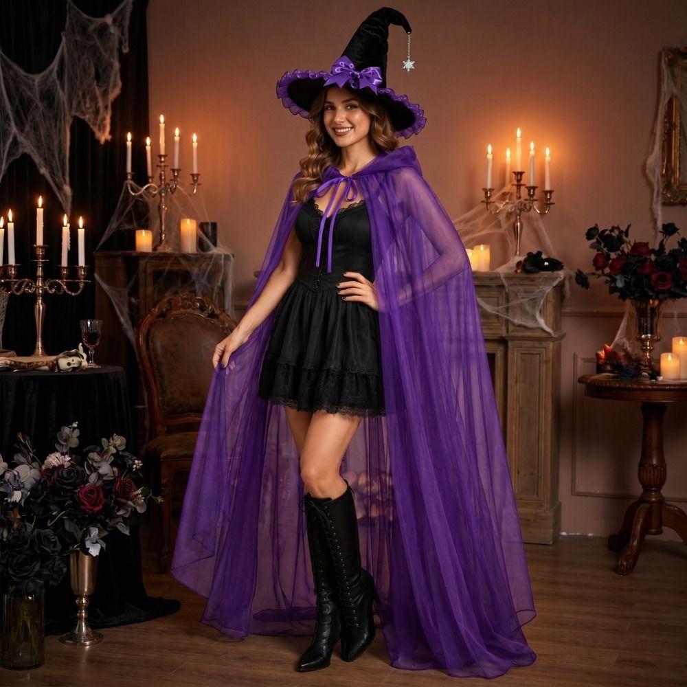 Satin Bow Halloween Witch Hat Cloak Set Hooded Mesh Halloween Cosplay Hooded Cape Costume Accessor
