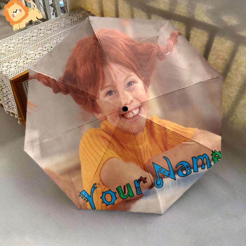 1 PC Automatic Folding Umbrella - Pippi Longstocking Custom Name Pattern, Portable & Foldable Design with 8 Ribs, Christmas Birthday Gifts