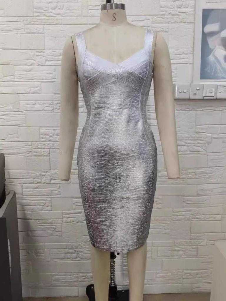 Gold Spaghetti Strap Bodycon Dress, High Waist Evening Wear