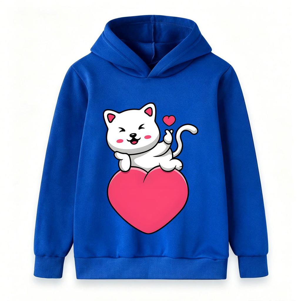 Kids Boys Girls Pullover Hoodie, Cute White Cat Blowing Kiss Print Warm Casual Hooded Sweatshirt for Daily Wear Gift for Cat Lovers, Soft