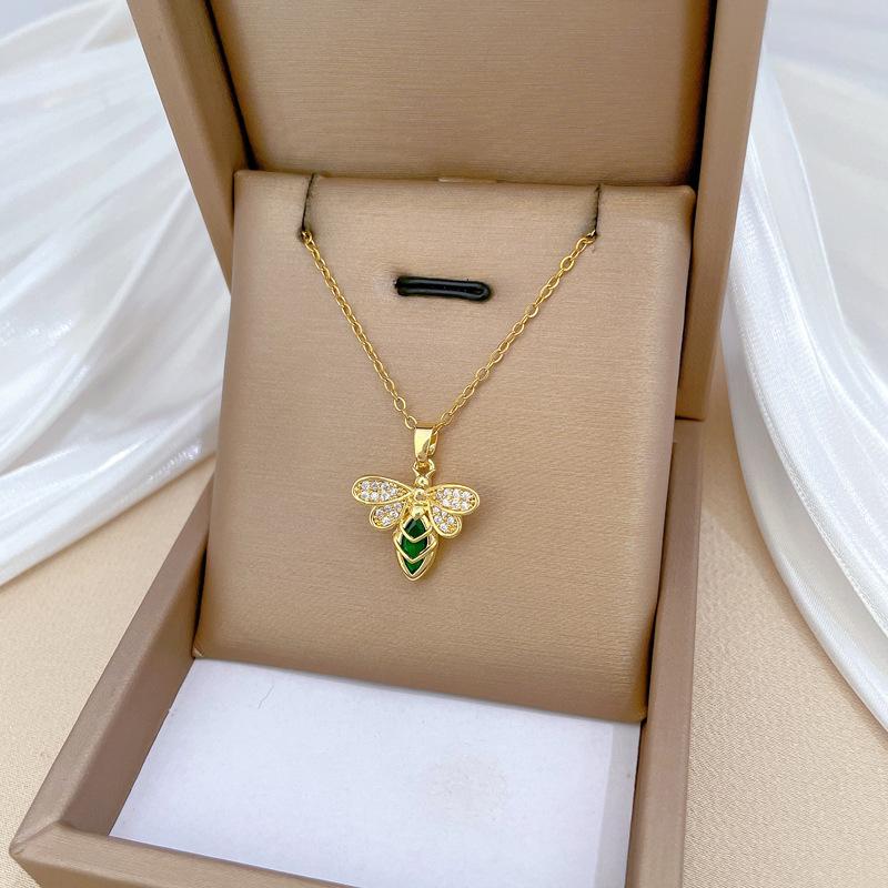 Green Bee Light Luxury Temperament Gorgeous Full Diamond Necklace Female Versatile Collarbone Chain Titanium Steel Chain