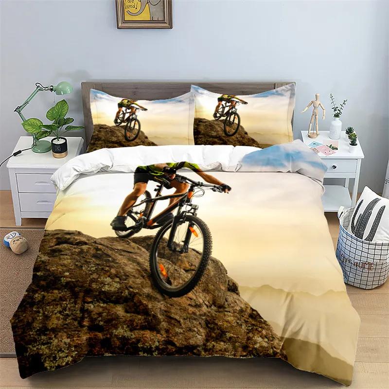 Bike Cycling Print Bedding Set Sport Style Duvet Cover Mountain Bike Quilt Cover With Pillowcases King For Teen Adult Room Decor