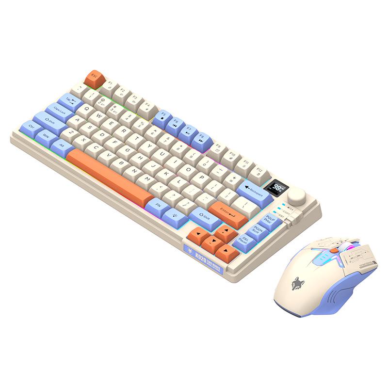 Dazzling Silver Fox K920 Wireless Bluetooth Keyboard & Mouse Set with Color-blocking, Luminous Design & Knob Display for Gaming & Office.