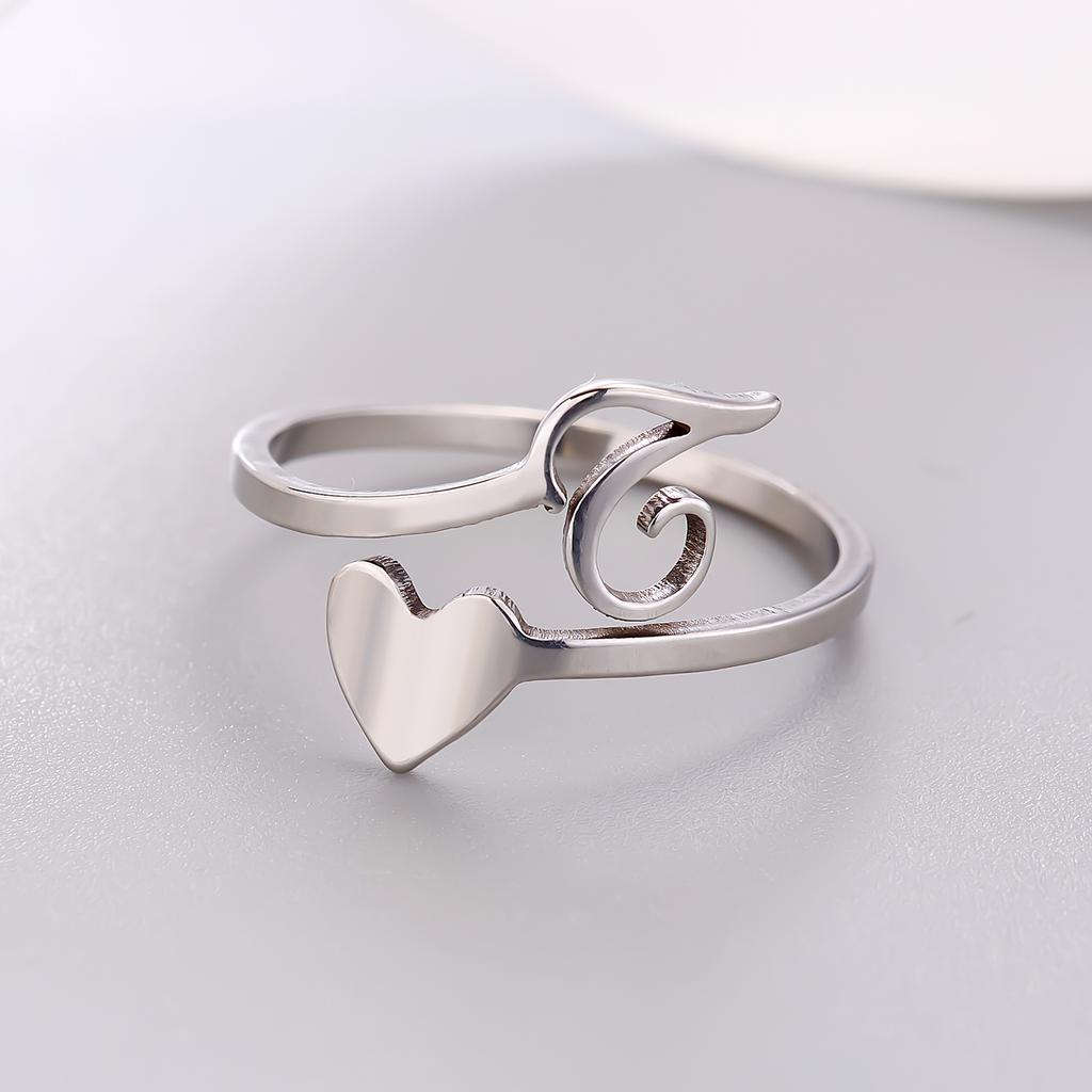 Silver Color 26 Letter Love Heart Rings Stainless Steel Open Ring for Women Men Couple Initial Name Finger Jewelry Gifts