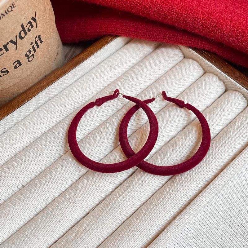 Ancola Red Silver Needle Flocked Round Ear Cuffs: Fashionable, Simple, Versatile High-end Temperament Earrings