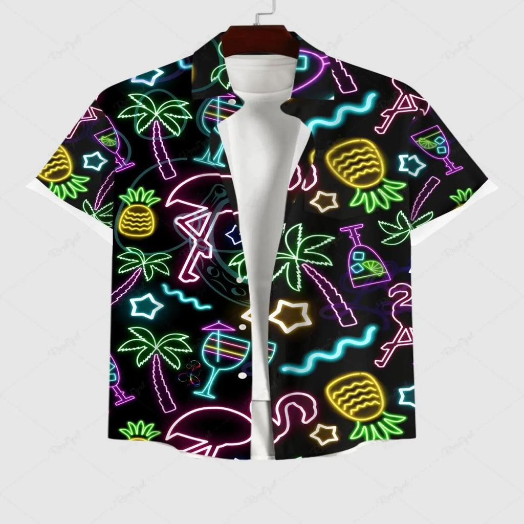 Vacation Style Coconut Tree Printed Short Sleeve Shirt, Loose Lapel Fake Two-Piece Design, Casual Breathable Outfit for Daily Wear and Beach Trips