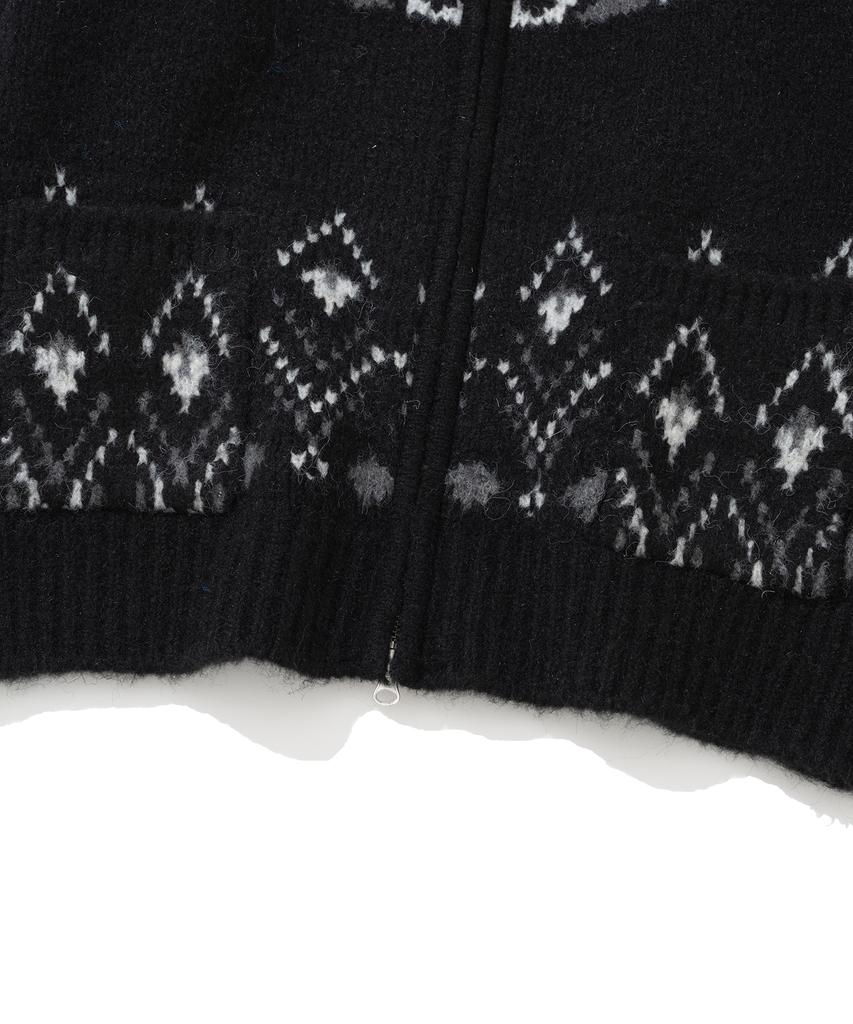 Knitted Bulky Wool Diamond Zip-Up Black
