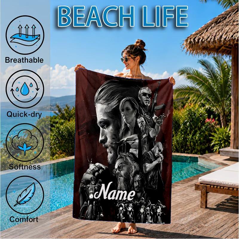 Custom Name Biker Club Anarchy Heart In Space Adventure Microfiber Beach Towel, Lightweight for Summer Travel, Swimming Pool Fan Gift