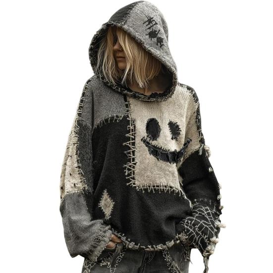 Imitation Cashmere Sweater Hooded Long Sleeve Halloween Ghost Cat Pattern Sweater Retro Print Loose Fit Distressed Knitting Hoodie