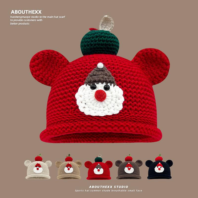 Cute Bear Apple Knitted Hat for Women New Autumn and Winter Warm and Versatile Pullover Hat Showing Face Small Woolen Hat