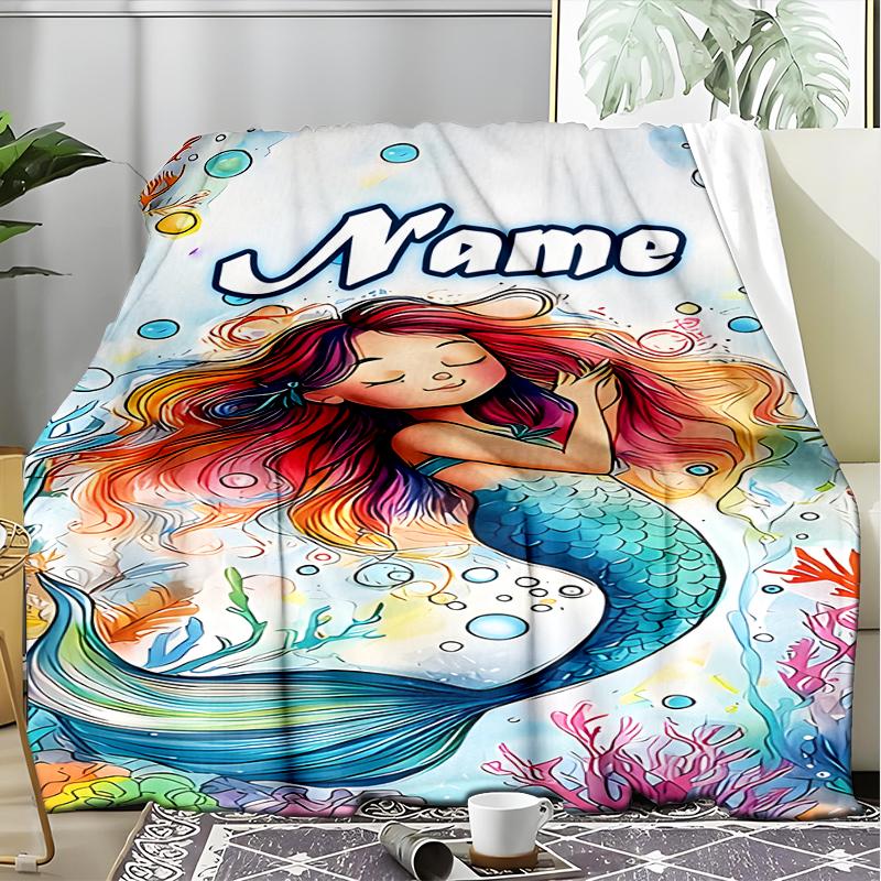 1PC Custom Name Mermaid Dreams Colorful Sea outdooor Flannel blankets Throw Blanket All-Season Throw Gift Bedspread for Couch, Bed, Camping Holiday Bi