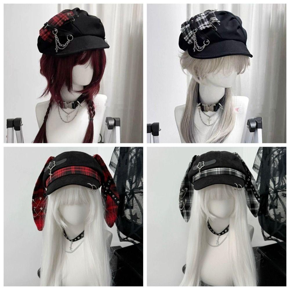 Rabbit Ears Plaid Beret Hat Thin Brim Newsboy Peaked Hat Casual Painter Artist Cap  Girls