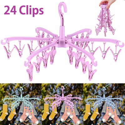 Hosiery Drying Rack with 24 Clips Plastic Laundry Hanger Rotatable Clothes Drying Rack Portable Foldable Sock Rack Windproof
