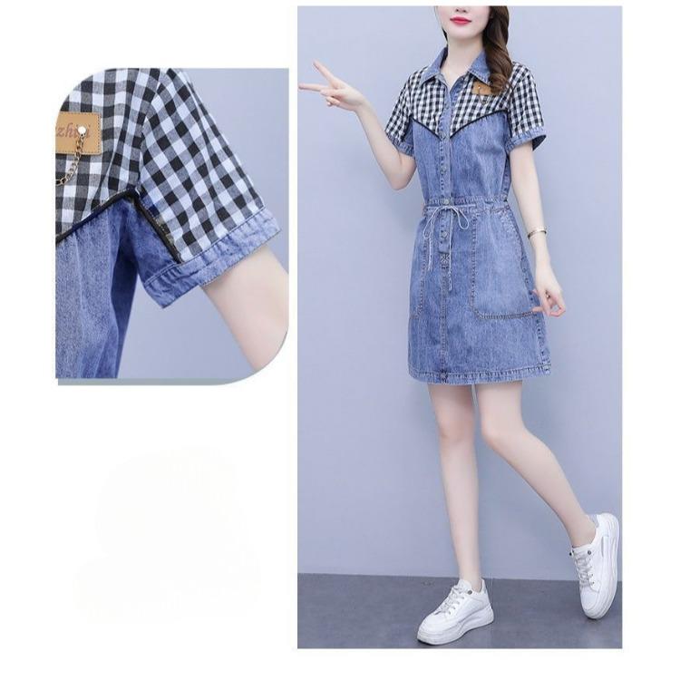 Plus Size Women Summer Fashion Denim Dress Casual Washed Patchwork Design Fat Ladies Clothing