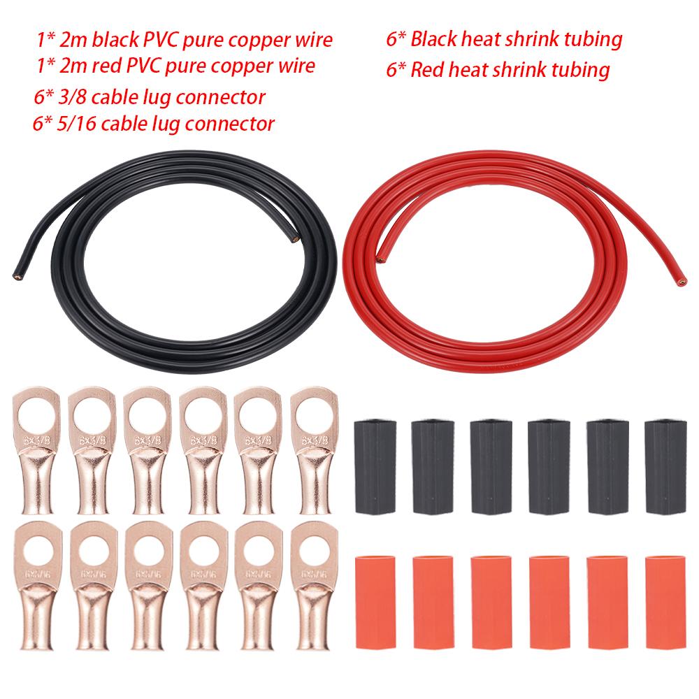 6AWG PVC Pure Copper Wire Red Black 2M Thick Copper Terminals 5/16 3/8 6pcs Heat Shrink Tubing Battery Power Welding Cable