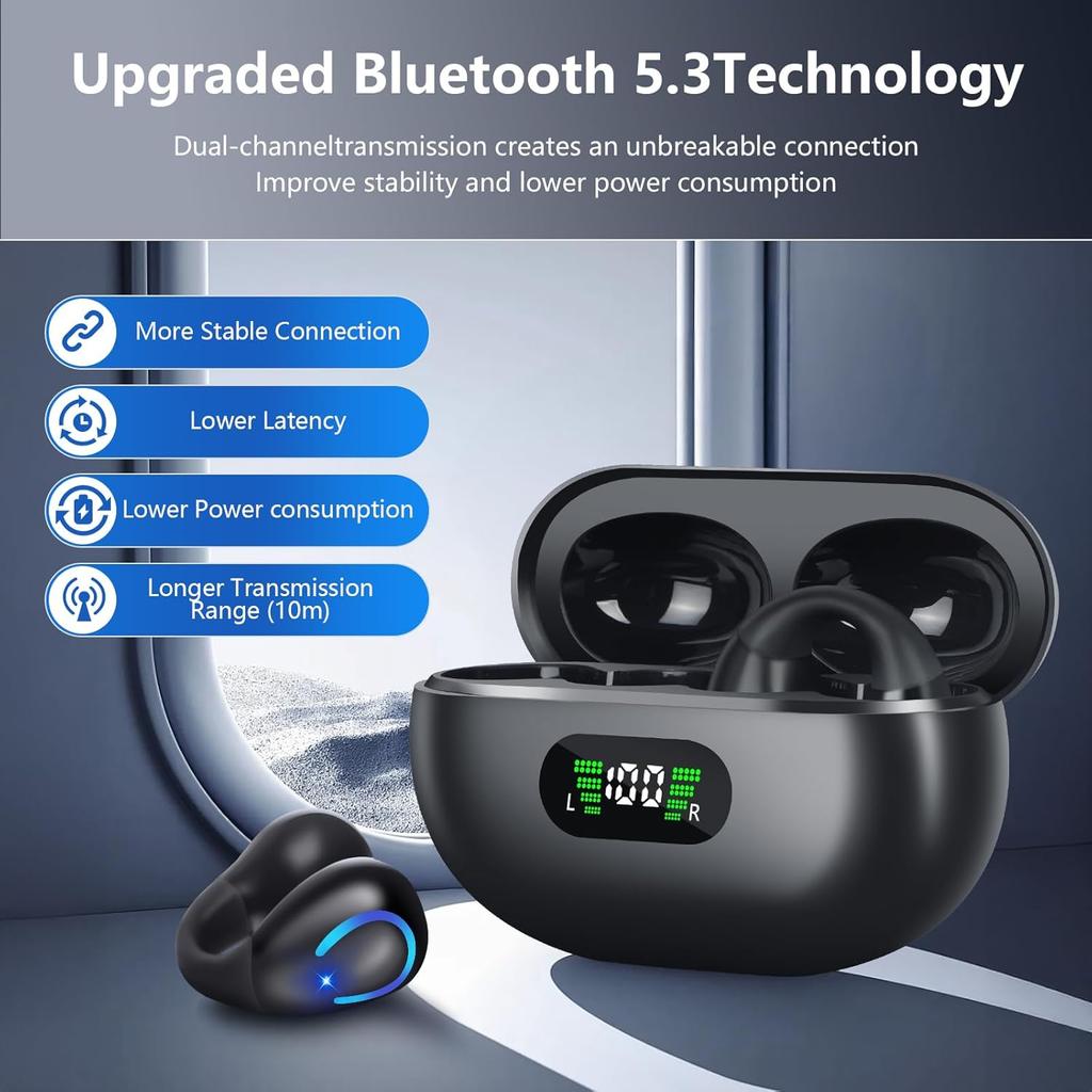 Open Ear Bone Conduction Headphones Bluetooth 5.3 Wireless Open Clip Ear Earbuds Built-in Mic with Ear Hooks 60 Hours Playtime Sport Earphones IPX7