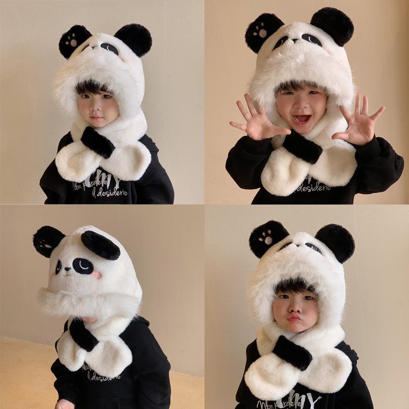 Autumn and Winter Children's Hat and Scarf All in One Thickened and Warm Cartoon Plush Super Cute Panda Plus Velvet Baby Ear Protection Hat