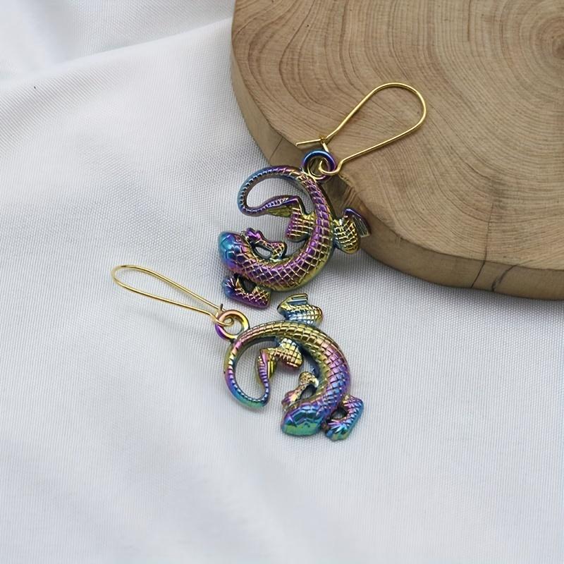 Colorful Pentagram Pattern Lizard And Wing Dangle Earrings Goth Punk Style Alloy Jewelry Creative Female Gift Perfect For Causal Decor