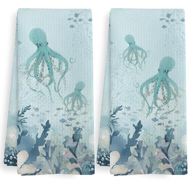 Coastal Octopus Decor Dish Hand Tea Towels for Bathroom Kitchen, Octopus Ocean Nautical Beachy Under The Sea Bathroom Decor, Coastal Nautical Kitchen Octopus