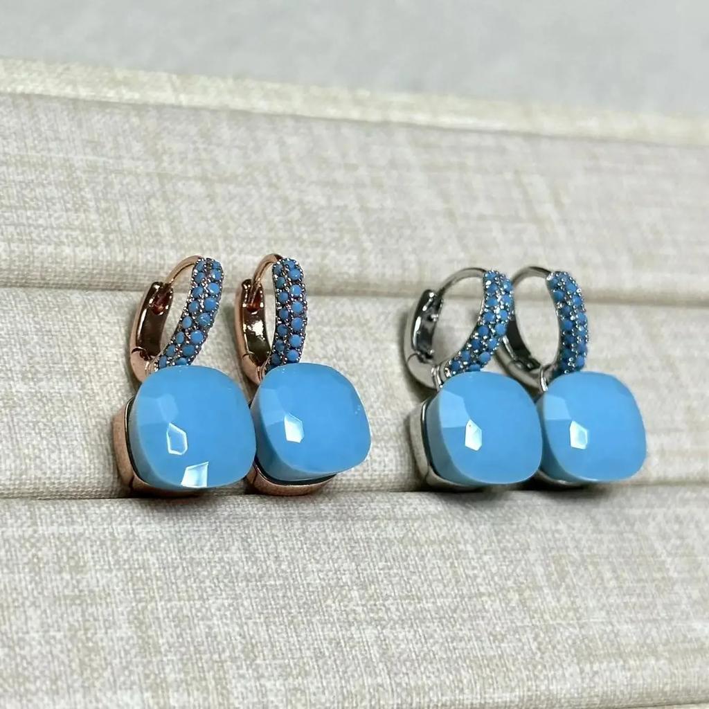 Boucles d'oreilles Nudo 10,6 mm Incrustées de Turquoise Zircon Pour Femmes Topaze Bleue Pendantes Carrées en Cristal Boucle d'oreille Bijoux de Mode Cadeau