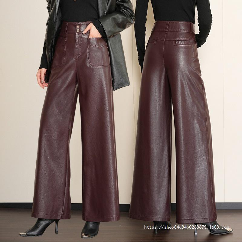 Chic Women's High-Waisted Lambskin Wide-Leg Pants - 2025 Autumn/Winter Slimming Casual Fit