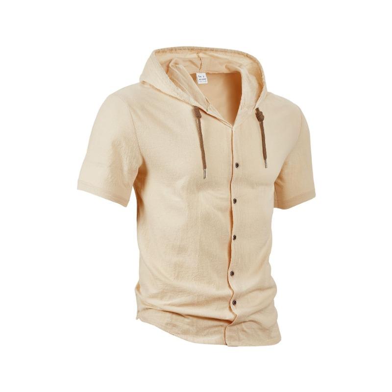 Men's Solid Color Cotton and Linen Cardigan Trendy and Versatile Loose Casual Short-sleeved Men's Shirt Hoodie