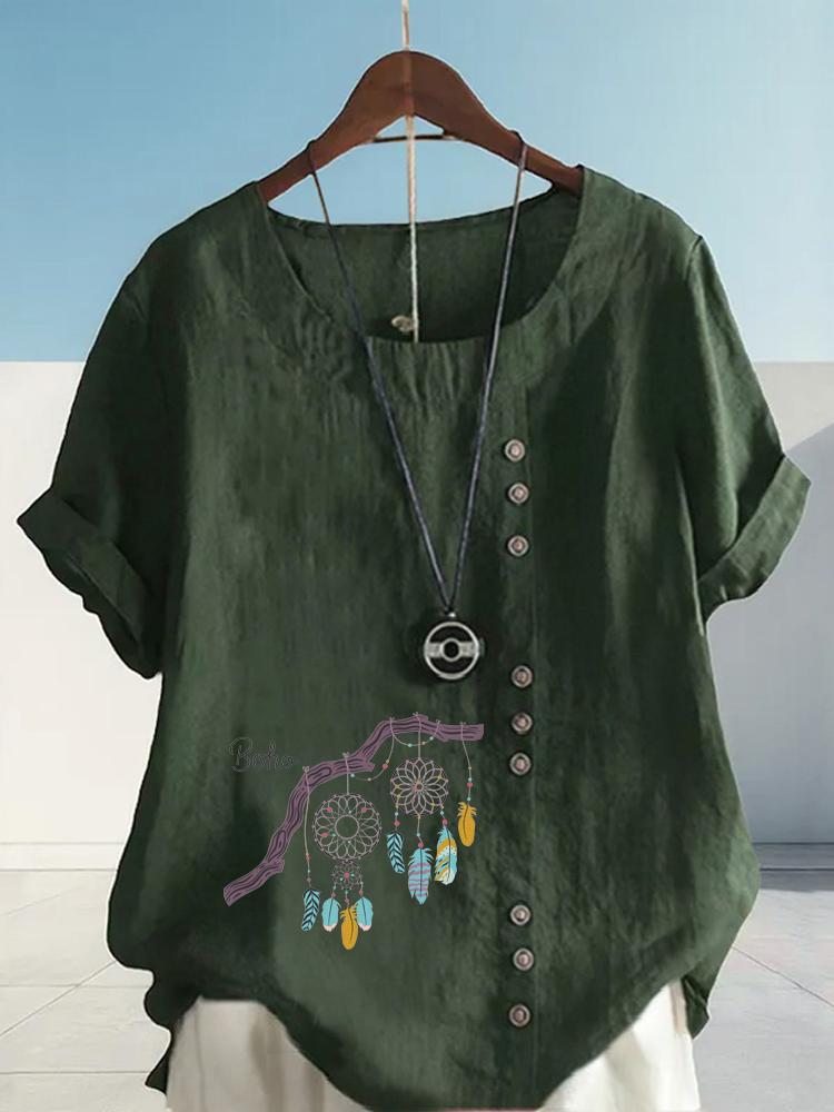 Women's Fashion Feather Pattern Print Shot Sleeve T-shirt Loose Cotton Shirt Casual Loose Summer Plus Size Blouse Tops