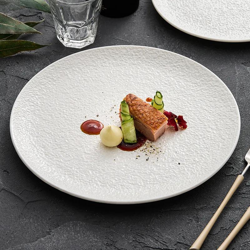 Circular Ceramic Hammer Pattern Shallow Plate Restaurant Steak Plate Dessert Plate Sushi Plates Pure White Specialty Tableware