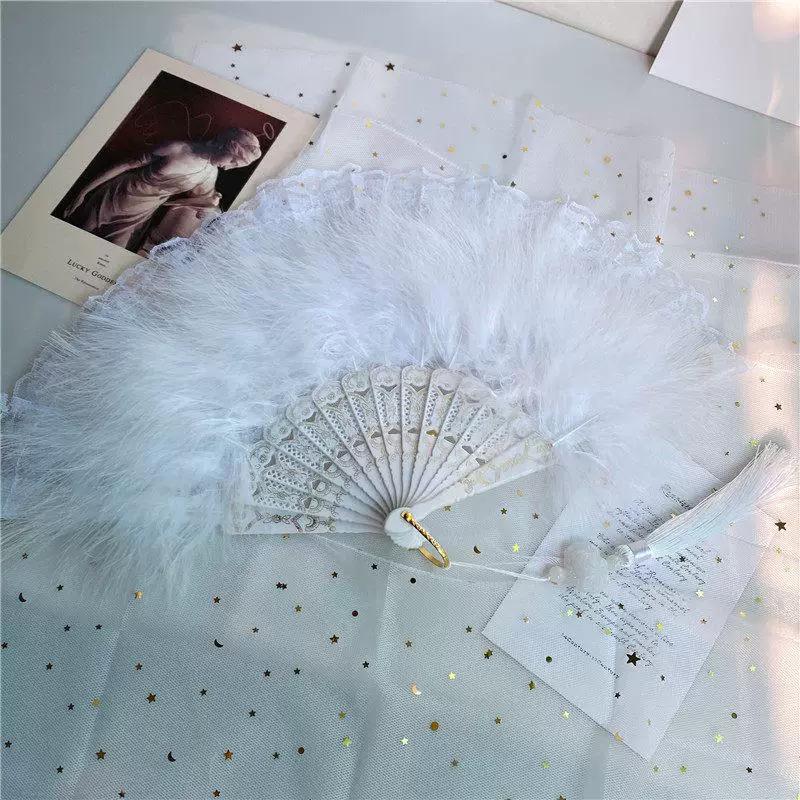 White Feather Fan, Trendy Retro-Style Fan Paired with Cheongsam for Dance and Runway Shows, Fairy-Like Palace-Style Folding Fan for Girls