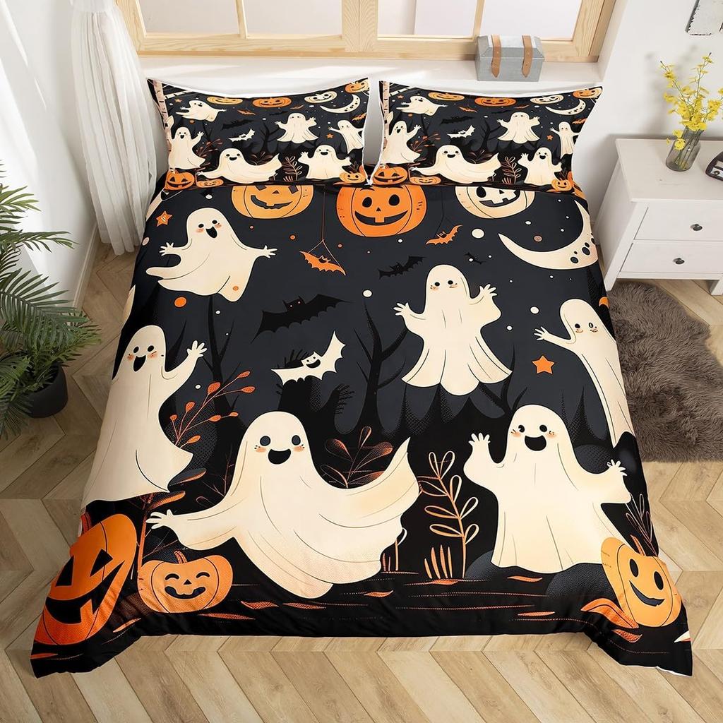 Cartoon Ghost Duvet Cover Scary Halloween Theme Bedding Set Spooky Pumpkin Comforter Cover Skull Skeleton Bed Cover Twin Queen