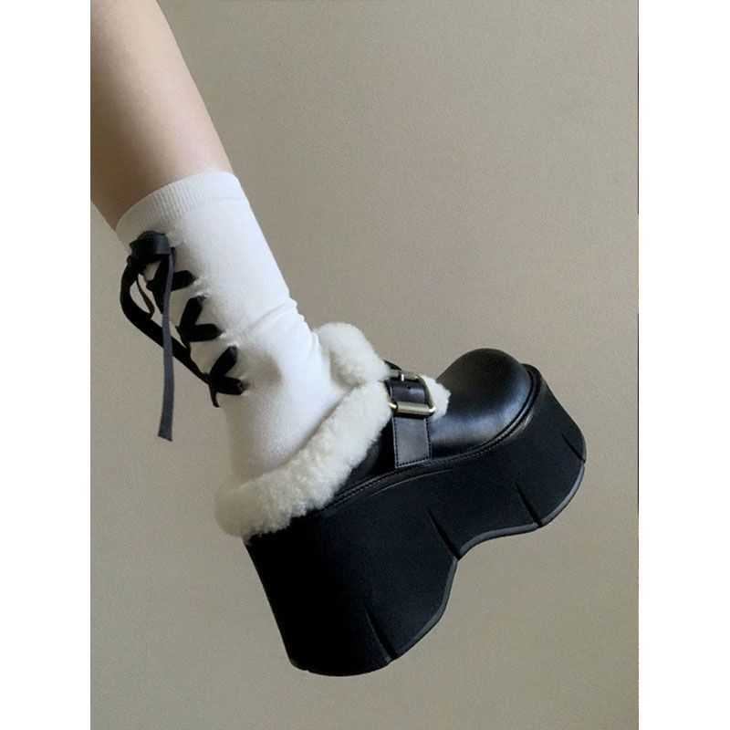 Thick-bottomed Velvet Semi-slippers, Winter Wool Mouth Belt Buckle Heightened Baotou Loose Leather Surface, Outside Wear Cake British Style Slippers 