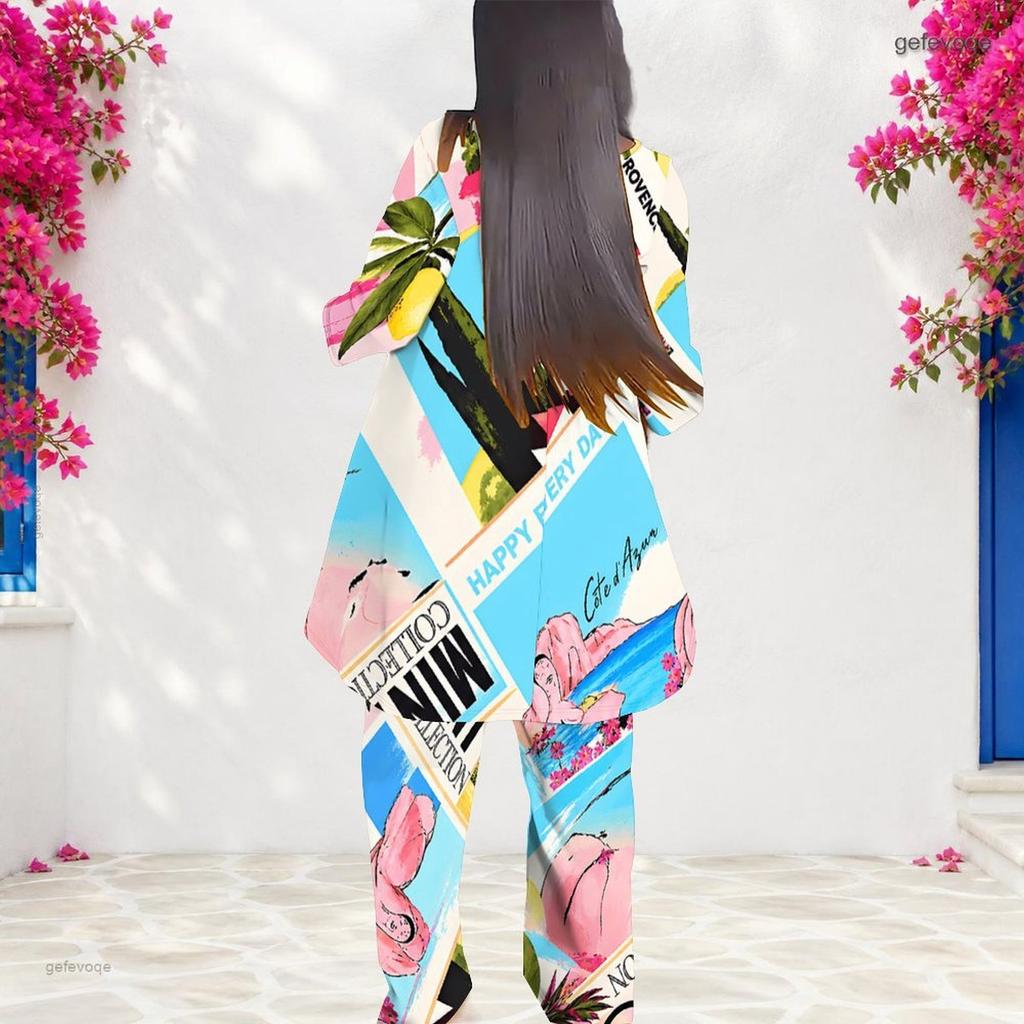 Women Plus Size Blue White Pink Printed Round Neck Long Sleeve Layered Two Piece Pants Set