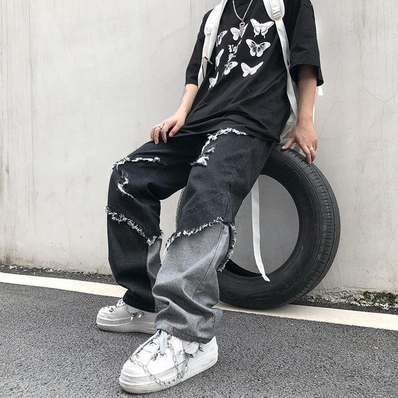 Jeans da uomo gotici Hippie Autunno Inverno Jeans patchwork neri Pantaloni grunge estetici a vita alta Streetwear