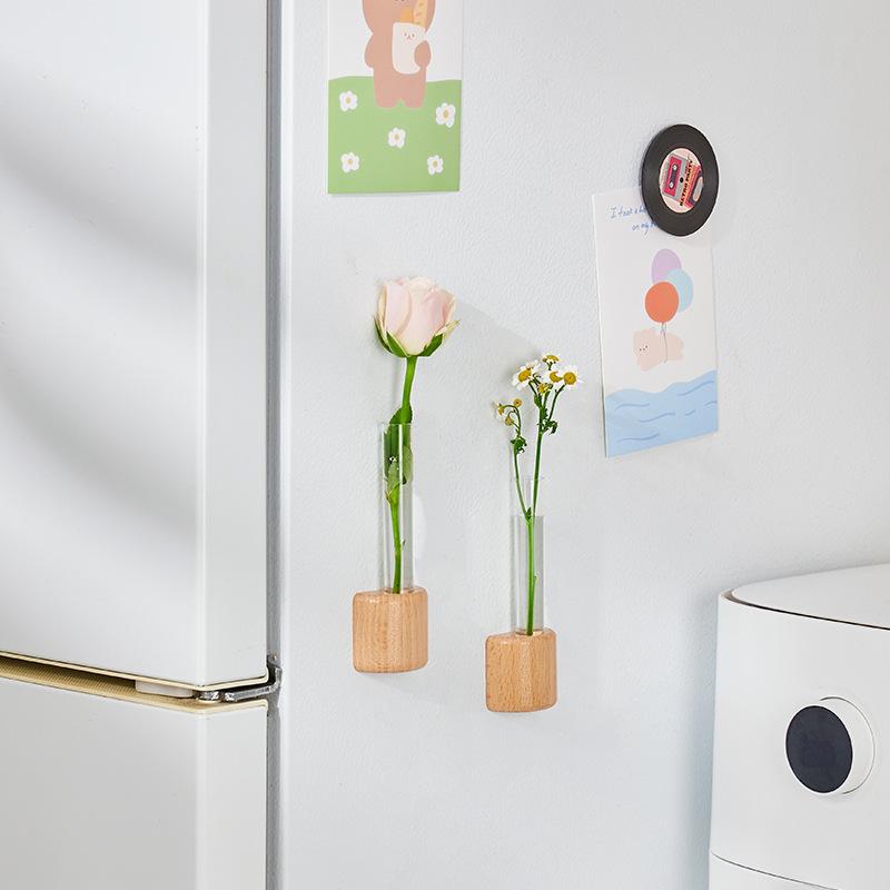 Natural Wood Color Magnetic Wall-Mounted Test Tube Vase Hydroponic Flower Arranger Creative Home Living Room Wall Decoration Sim