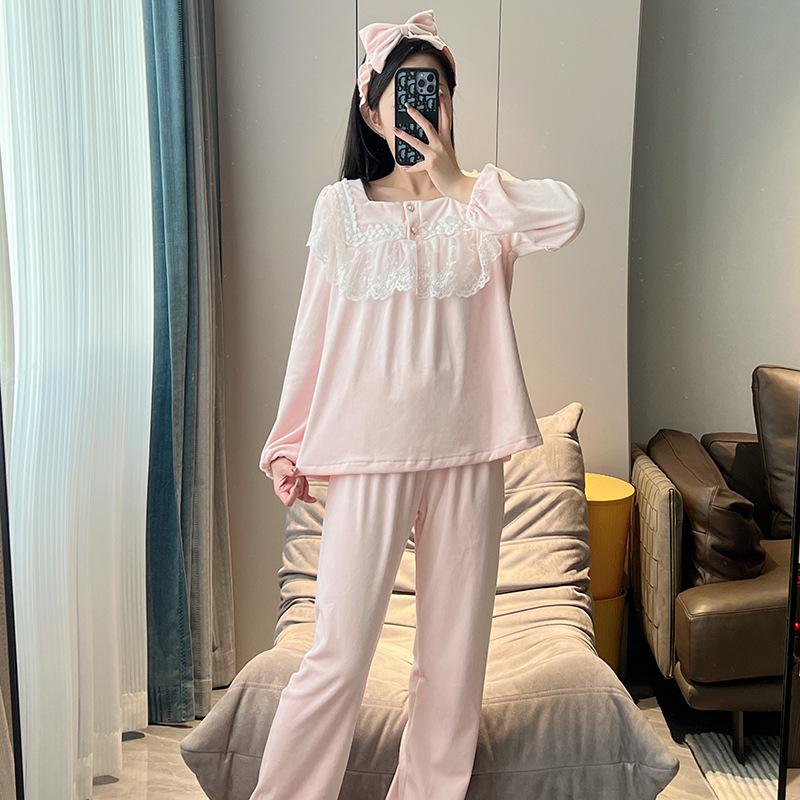 

Бархатная пижама для женщин, осень-зима, новый комплект с длинными рукавами и брюками, милый стиль, кружевной пуловер с лацканами, пижама, ночная одежда, домашняя одежда XL