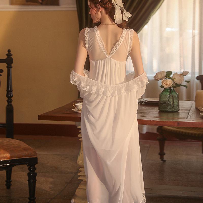 Nightgown Set for Women Springtime and Hot Season Solid Color Nightgown with Padded Lace Sweet Robe for Women