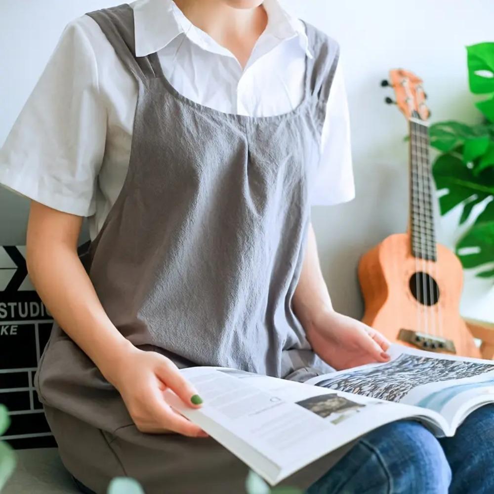 Japanese Style Cotton Linen Apron with Pocket Workwear Simple Smock  Kitchen Cooking