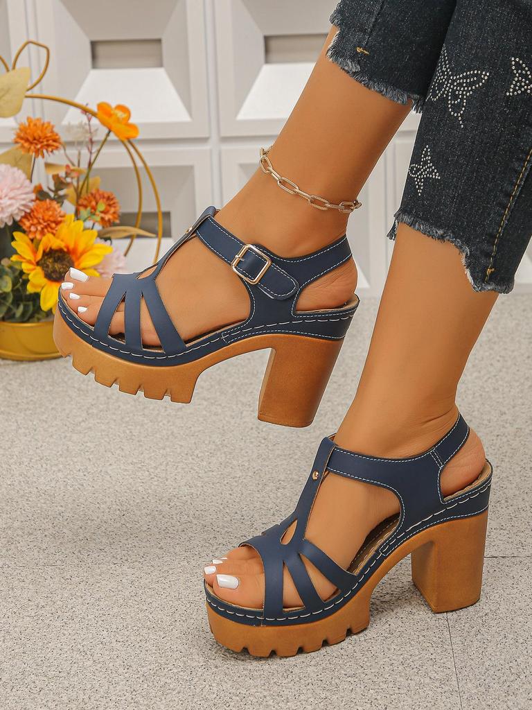 New Arrival Plus Size Peep-Toe Chunky Heel Sandals - Women's European American Style with Thick Sole Platform