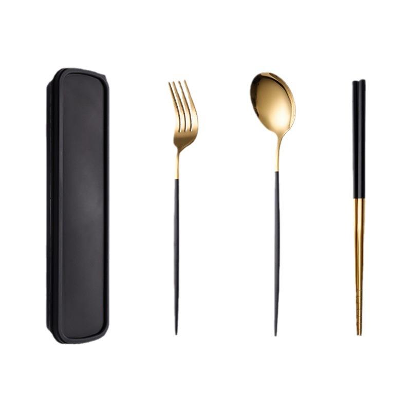 Stainless steel tableware, convenient student spoon, fork, chopstick three-piece set, travel storage set