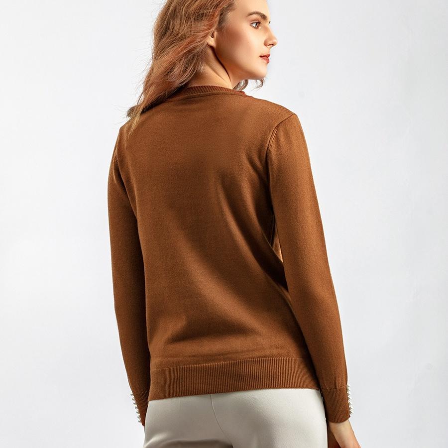 Autumn Winter Women's Crew Neck Beaded Pullover Sweater Long Sleeve Loose Solid Color Stretchy Knit Sweater