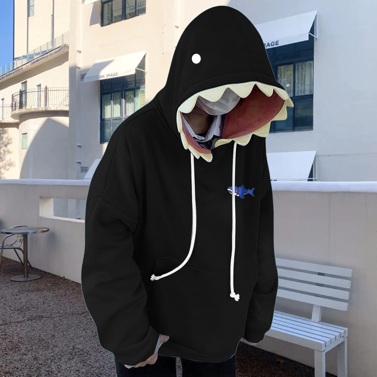 

Women s Casual Loose Fit Pullover Hoodie with Shark Design Hood and Front Pocket Long Sleeve Sweatshirt for Everyday Wear M чёрный