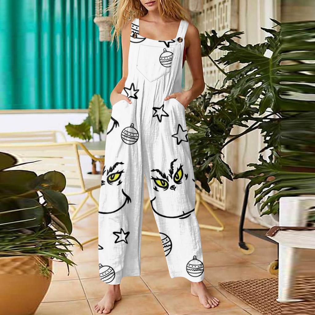 Women's Fashion Christmas  Print Casual Retro Sleeveless Button Jumpsuit
