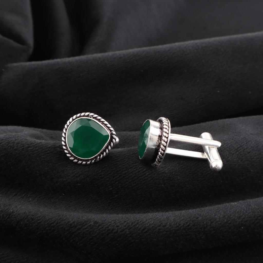 Green Onyx Gemstone 925 Sterling Silver Jewelry Handmade Groom Cufflinks 0.62" CL-8-14